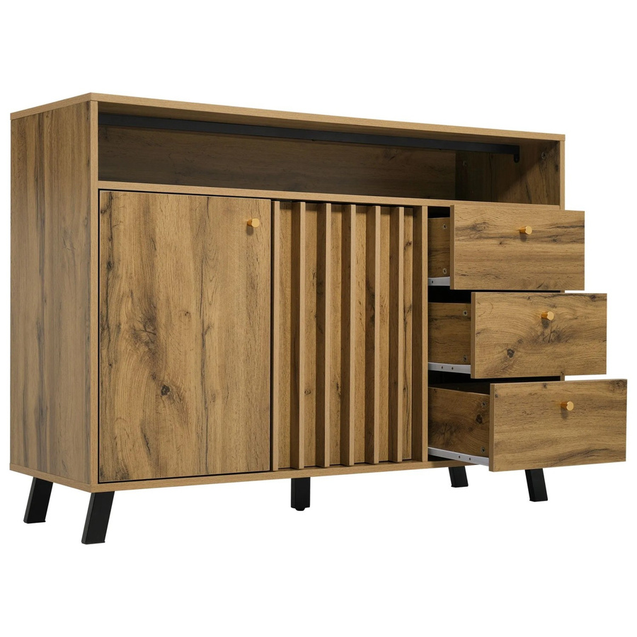 okwish Sideboard mit Lamellen Design, 3 Schubladen und 2 Türen für dein Wohnzimmer, Dunkel Eiche, B/T/H: 120 x 40 x 85 cm - Bild 2
