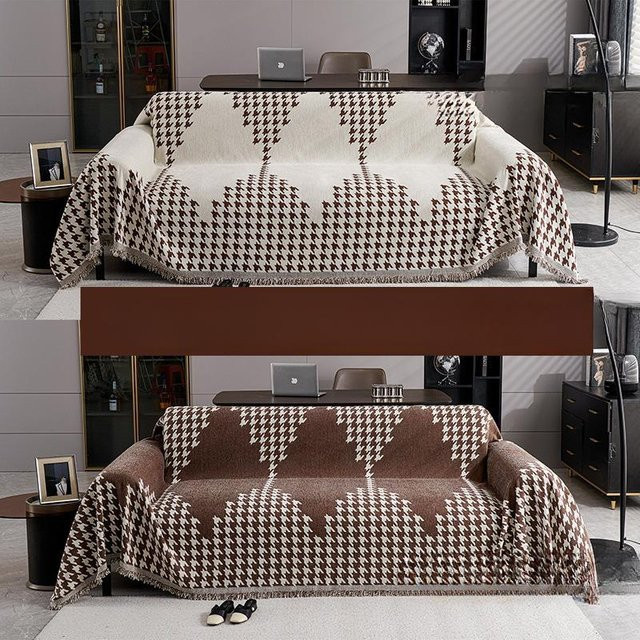 Doppelseitiges Chenille-Sofa-Handtuch mit Hahnentritt-Muster und Quasten von Super Six, rutschfest und waschbar, B/T: 180 x 130 cm - Bild 1