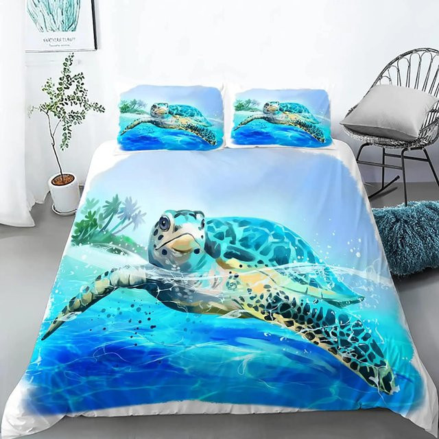 Meeresschildkröten Bettbezug Set King Size aus Polyester in Blau mit maritimen Motiven, B/H: 264 x 228 cm - Bild 1