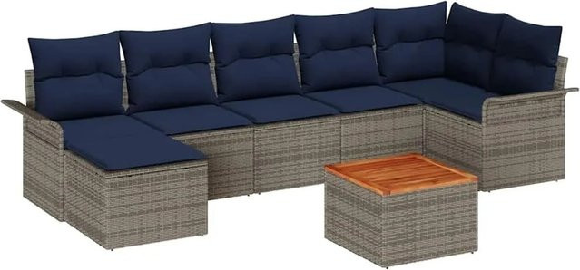 vidaXL Gartensofa-Set aus 8 Teilen in Grau und Marineblau mit Poly-Rattan und Akazienholz-Gestell - Bild 1