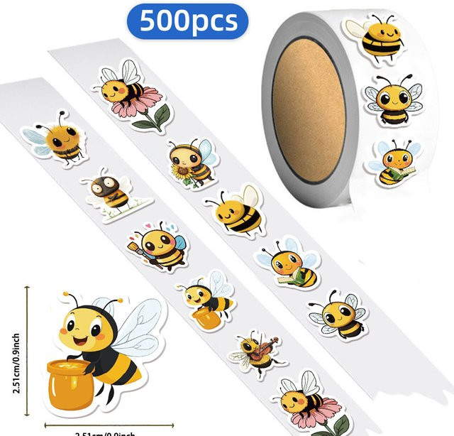500 Stück Cartoon-Bienen-Belohnungsaufkleber in 10 verschiedenen Designs, Durchmesser: 2,5 cm, Mehrfarbig - Bild 1
