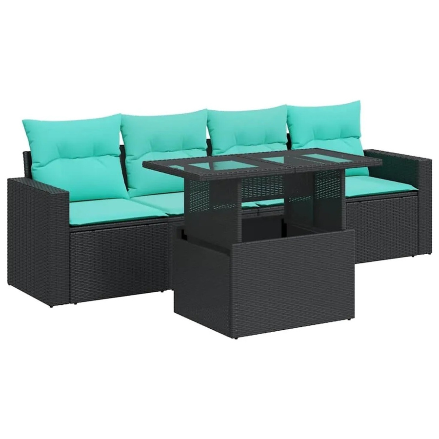 vidaXL 5-teilige Garten-Sofagarnitur in L-Form aus Polyrattan und Akazie mit Kissen in Schwarz - Bild 2