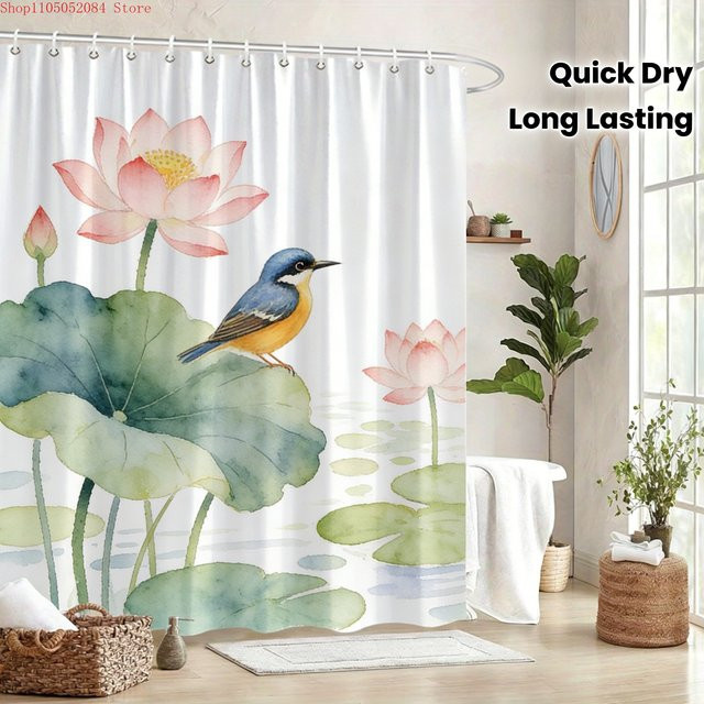 Wasserdichter Duschvorhang von BEAST KINGDOM mit blauem Vogel auf rosa Lotusblättern, schnelltrocknendes Polyester, B/H: 180 x 180 cm - Bild 1