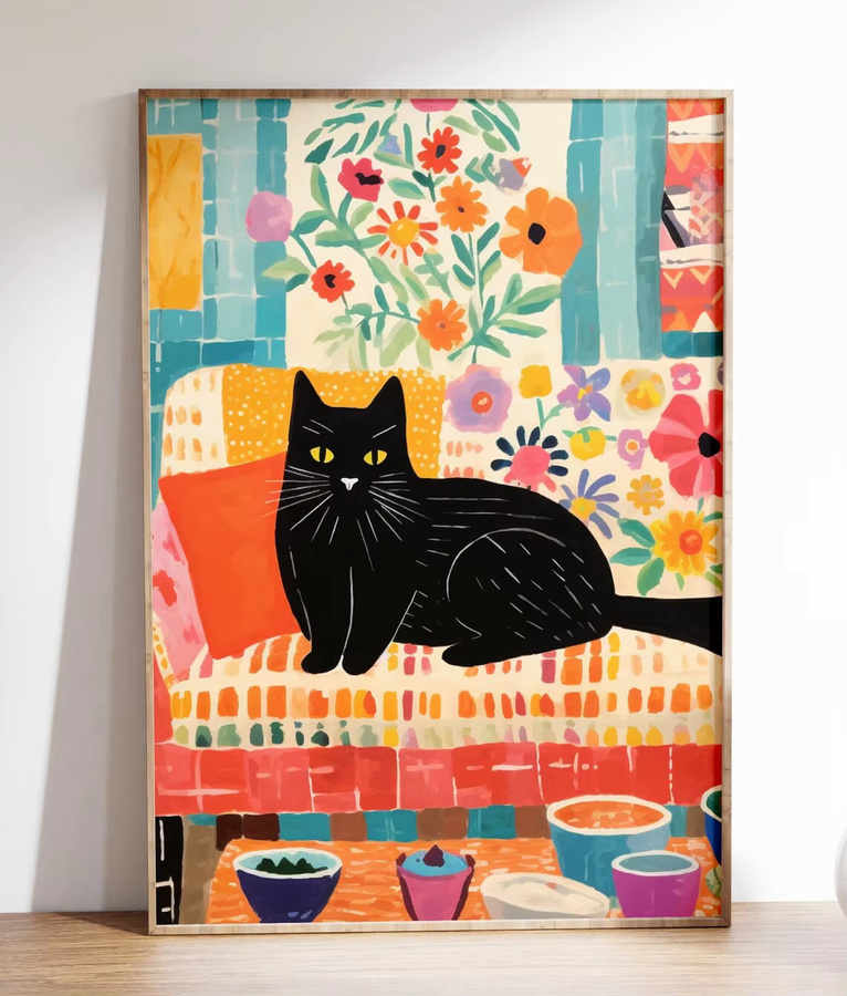 SHENCHEN Poster Katze auf dem Sofa mit Blumenmuster in Schwarz und Mehrfarbig - Bild 2