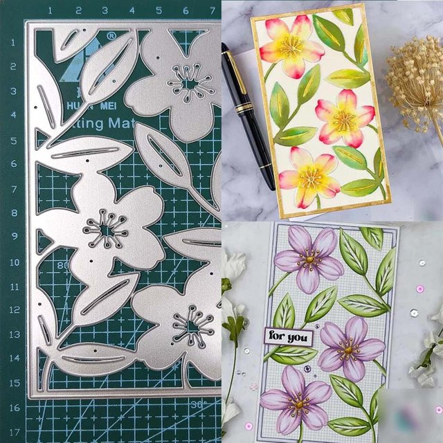 Metall-Stanzformen mit rechteckigem Rahmen für Pflanzen und Blumen zum Basteln und für die Papierprägung in Silber/Grau - Bild 1