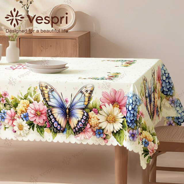 Vespri Frühlingstischdecke mit Blumenmuster und Schmetterlingen in Pastellfarben aus Polyester, Rund - Bild 1