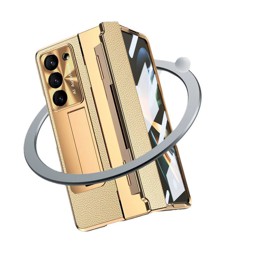 Samsung Galaxy Z Fold 7 6 5 4 3 Schutzhülle aus PU-Leder mit Glasfolie, Stiftschlitz und Stiftständer in Gold - Bild 4