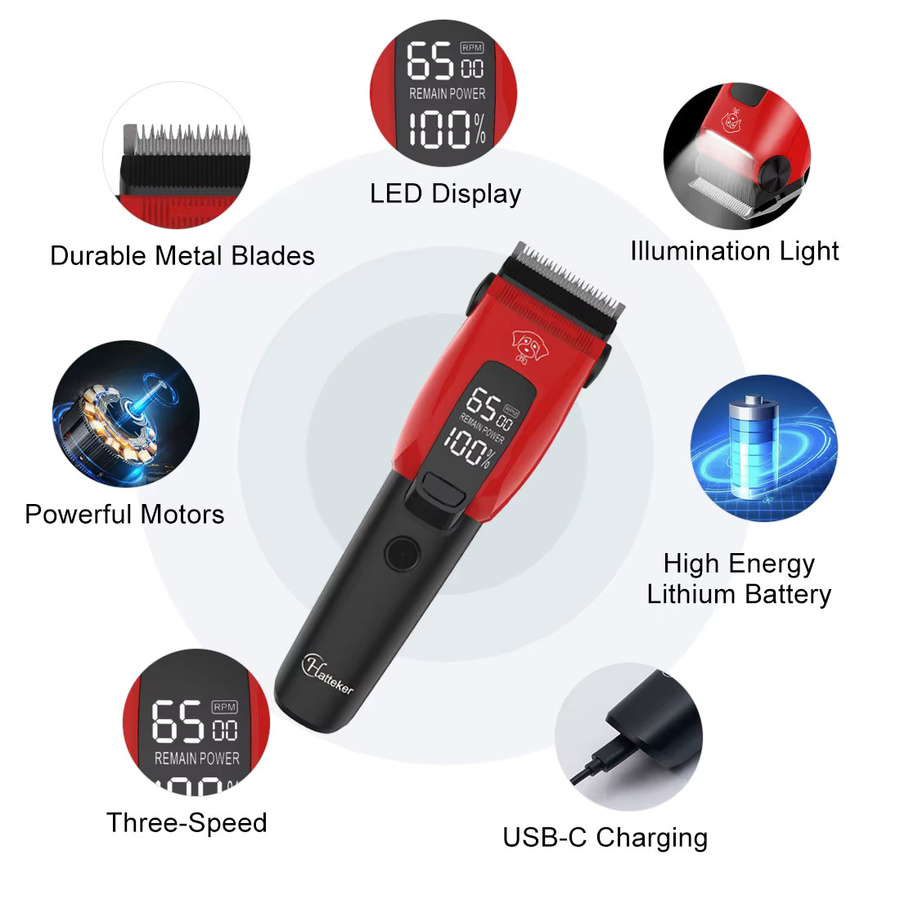 Hatteker Tierhaarschneider-Set mit LED in Rot, geräuscharmes professionelles Hundehaarschneider-Kit und elektrische Haarschneidewerkzeuge - Bild 2