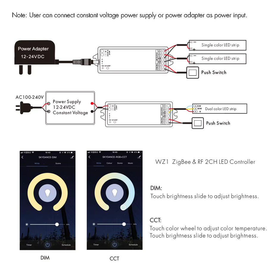 Tuya Smart Life 2-in-1 WLAN LED Controller für 12V 24V CCT LED Streifen mit RF Touch Panel Fernbedienung, kompatibel mit Alexa und Google Home, Farbe: Weiß - Bild 4