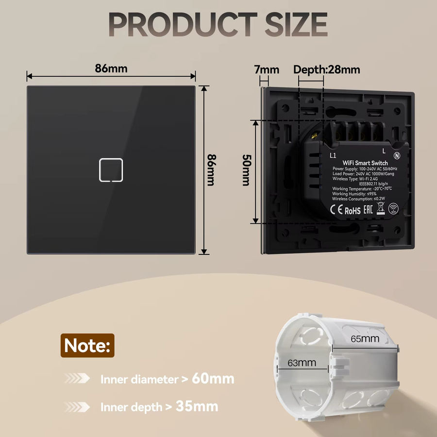 BSEED E-Serie WLAN Touch-Wandschalter mit schwarzem Glaspanel, Tuya Smart Life und Alexa App-Steuerung, 10A, Gelbe Hintergrundbeleuchtung - Bild 2