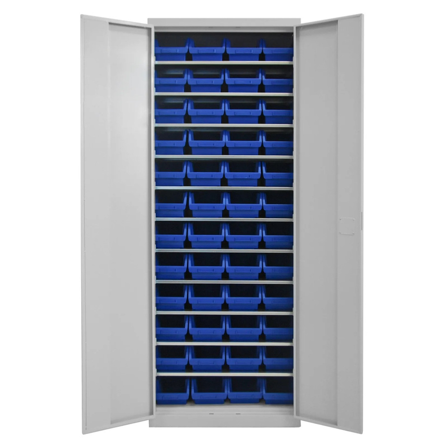 PROREGAL Flügeltürenschrank Owl mit 11 Fachböden und 48 Sichtlagerkästen, Lichtgrau, H: 195 cm, B: 71 cm, T: 30 cm - Bild 2