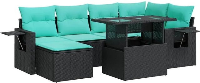 vidaXL 7-teilige Garten-Sofagarnitur in L-Form aus schwarzem Poly-Rattan mit wetterfesten Kissen und pulverbeschichtetem Stahlgestell - Bild 1