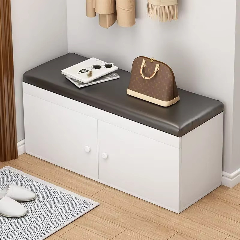 LIUSHADUOLA Schuhwechselhocker mit Schuhregal aus PU-Leder in Weiß - Bild 1