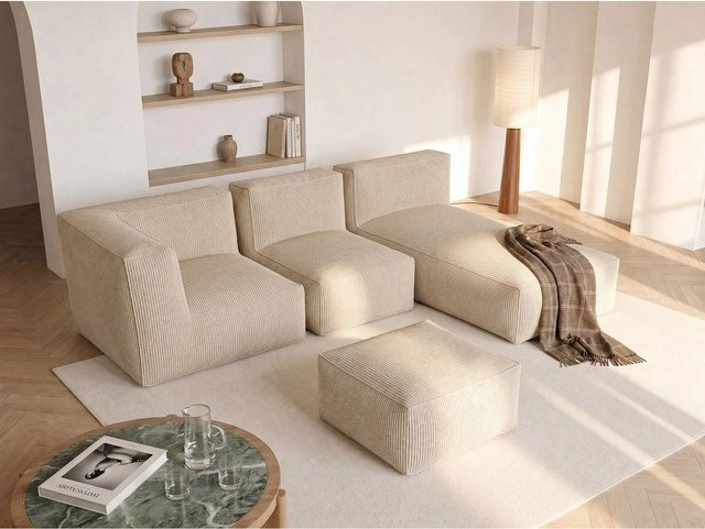 Modulares L-Shape Sofa Noumara von Vente-unique in Beige mit passendem Ottoman und Kissen, Breite: 260 cm, Tiefe: 70 cm - Bild 1