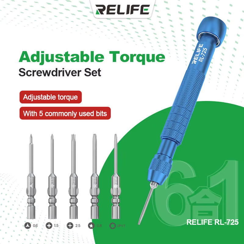 RELIFE RL-725 Einstellbarer Drehmomentschraubendreher-Satz aus Edelstahl in Blau mit magnetischen Bits für Reparaturarbeiten an IP17 und Android-Geräten - Bild 4