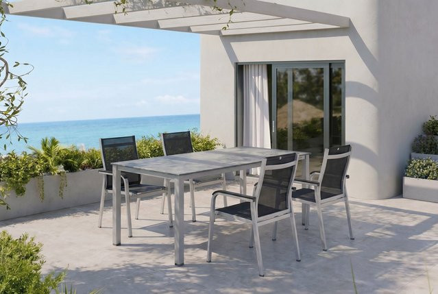 Kettler BasicPlus Premium Garten-Essgruppe aus Aluminium in Silber und Anthrazit mit rechteckigem Tisch und 4 Stapelsesseln, Tisch Breite: 160 cm, Tiefe: 90 cm - Bild 1