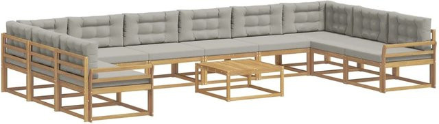 vidaXL Outdoor-Sofagarnitur in U-Form aus massivem Akazienholz mit 11 Kissen in Weiß und Hellgrau - Bild 1
