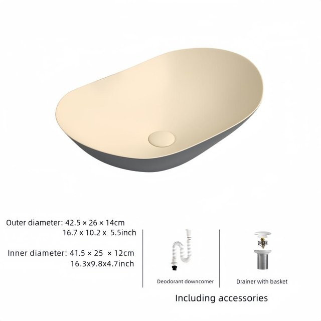 Ovales Keramik-Waschtischbecken von Yiran Furniture in Beige, B: 41,4 cm, T: 24,9 cm - Bild 1