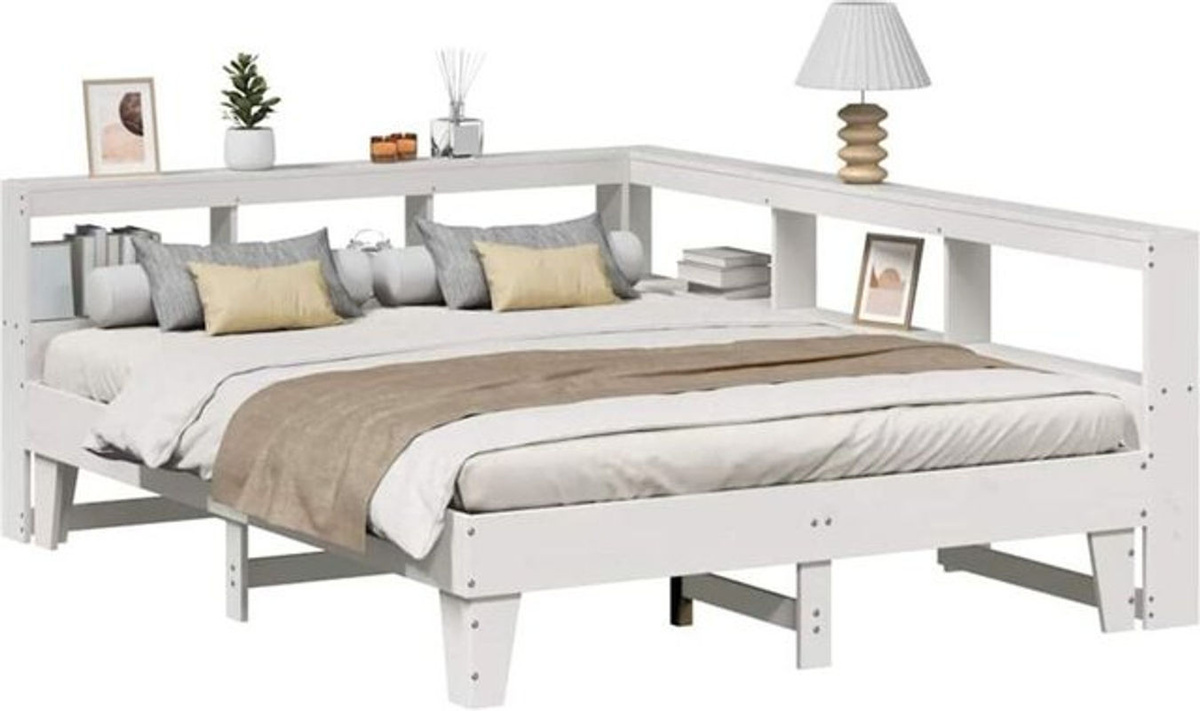 Massivholzbett Vidaxl aus Kiefer mit Regal in Weiß, B/T/H: 140 x 200 cm - Bild 1