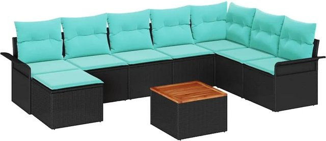 vidaXL Gartensofa-Set aus Poly-Rattan und Akazienholz in Schwarz und Türkis mit 9 Teilen inklusive Polster und Tisch - Bild 1