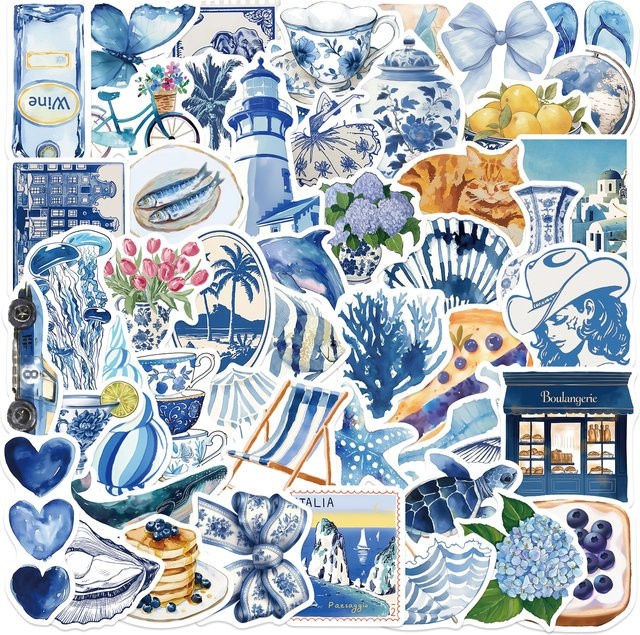 Mediterrane Cartoon-Sticker, blaue Aufkleber, 50-teiliges Set - Bild 1