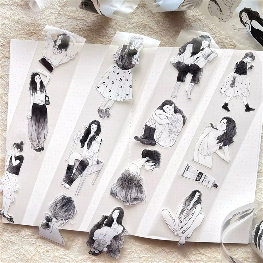 DingDing Studio Vintage Lovely Girl In Black Dress Washi PET-Klebeband in Schwarz und Multicolour für Scrapbooking und DIY-Projekte, 48 mm Breite - Bild 4