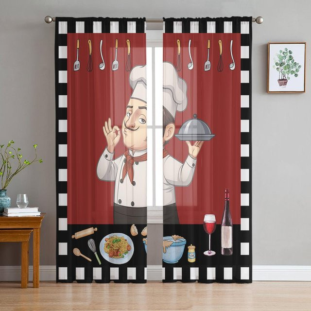 Yiran Furniture Transparenter Tüll-Voile-Fenstervorhang Kariert in Rot Schwarz und Weiß mit Ösen, Breite: 135 cm, Höhe: 115 cm - Bild 1