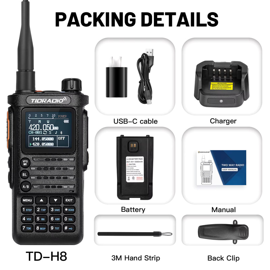 TIDRADIO TD-H8 2. Generation Walkie Talkie mit 10W Leistung, tragbarer Zwei-Wege-Radioempfänger und Notfallradio in Schwarz oder Transparent - Bild 6