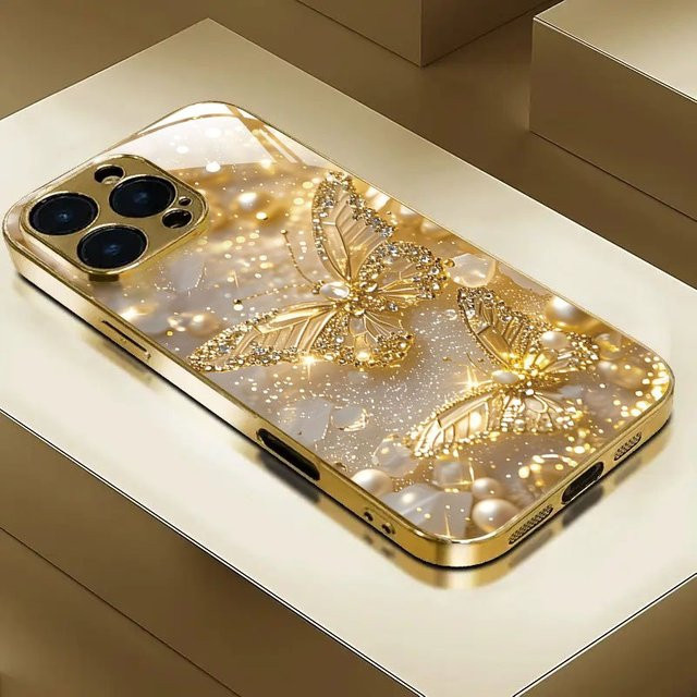 Goldene iPhone Handyhülle aus gehärtetem Glas mit Schmetterlings-Perlenmuster für Apple iPhone 11 bis 17 Pro Max Air Plus - Bild 1