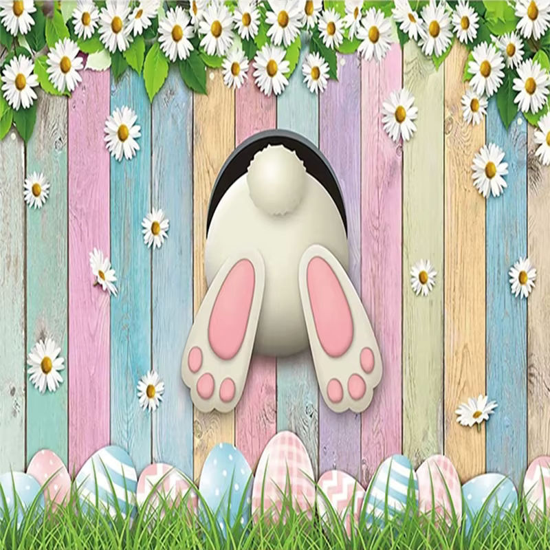 Ostern und Frühling Vinyl-Hintergrund mit Blumen, Gras und Kaninchen in Grün und Mehrfarbig für Babypartys und Kinderzimmer-Dekoration - Bild 6