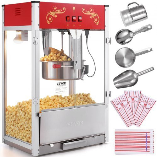 VEVOR Popcorn Maker mit 1615W Leistung, Popcornmaschine für den Tisch mit 16 Oz Kessel, gehärtetem Glas und 3 Edelstahl-Schöpflöffeln, Rot - Bild 1