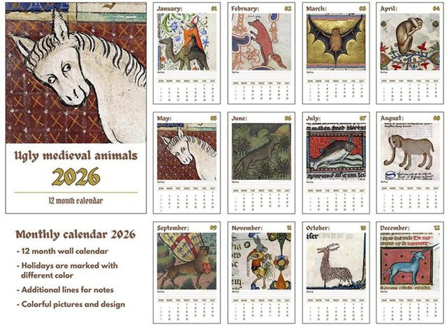 Mittelalterlicher Wandkalender 2026 mit Tiermotiven und Vintage-Illustrationen, Mehrfarbig, B x H: 29 x 21 cm - Bild 1
