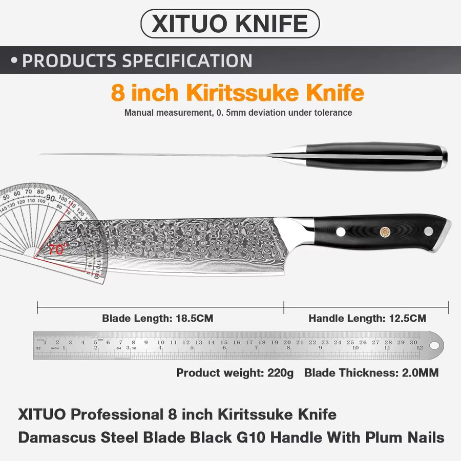 Xituo Kiritsuke Kochmesser aus 67-lagigem Damaststahl mit schwarzem G10-Griff, Länge: 20,32 cm - Bild 2
