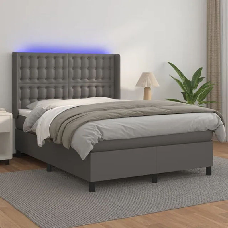 Vidaxl Kontinentalbett mit Matratze und LED in Grau aus Kunstleder, B/T: 140 x 200 cm - Bild 1