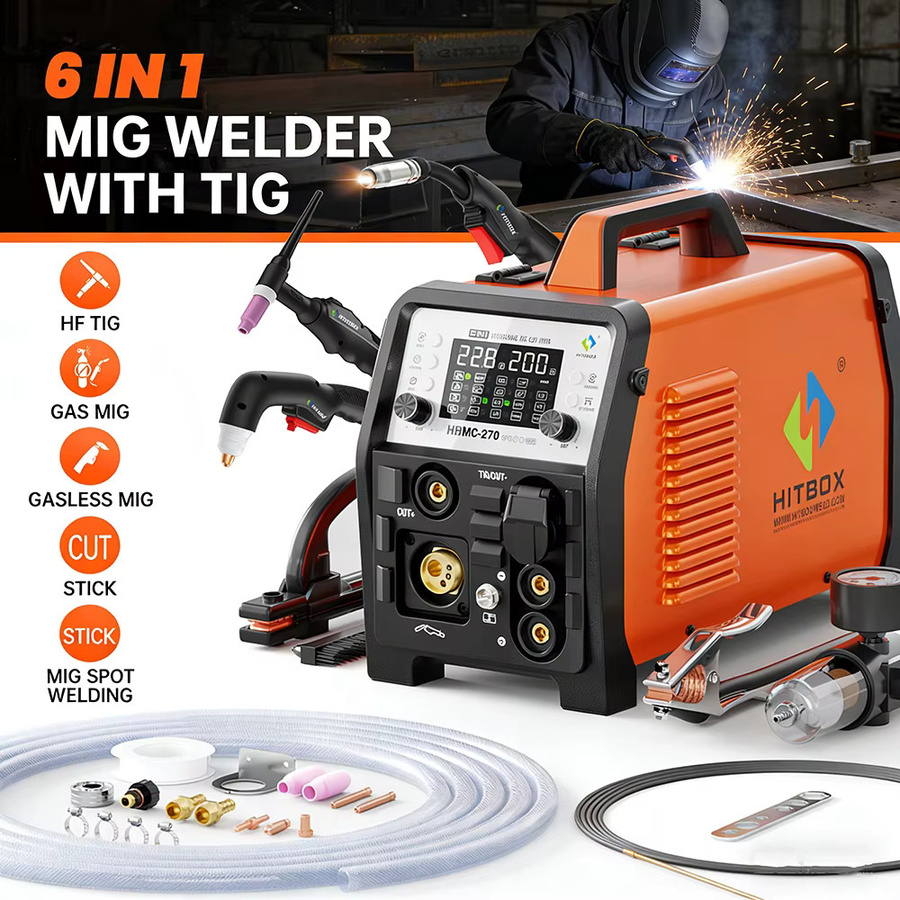 HITBOX HBMC270 Aluminium MIG-Schweißgerät mit synergischer Steuerung, 6-in-1 Multifunktionsgerät für MIG, Stick MMA, ARC, HF TIG und CUT, Gas/Gaslos sowie Punktschweißen für Aluminium und Edelstahl mit großem LED-Display und IGBT-Inverter - Bild 7