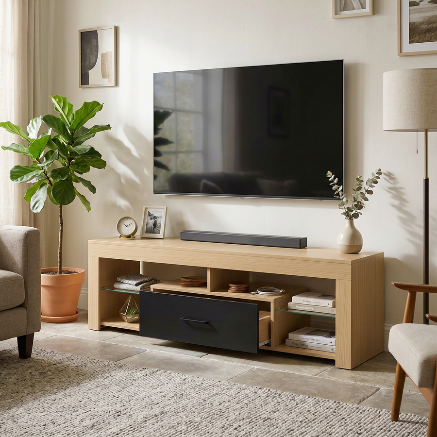 HOMCOM TV Schrank Lowboard in Eiche mit verstellbaren Glasböden, offenen Fächern und Schublade für Fernseher bis 65 Zoll, B/T/H: 140 x 40 x 45 cm - Bild 2