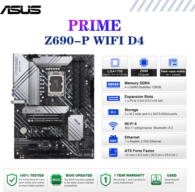 Asus PRIME Z690-P WIFI D4 ATX Mainboard mit Sockel LGA1700 und DDR4 Support in Schwarz - Bild 1