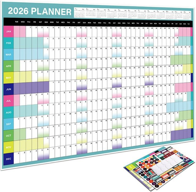 Großer Wandkalender 2026 als 365-Tage-Planer mit täglicher, wöchentlicher und monatlicher Agenda sowie To-Do-Liste in Mehrfarbig - Bild 1