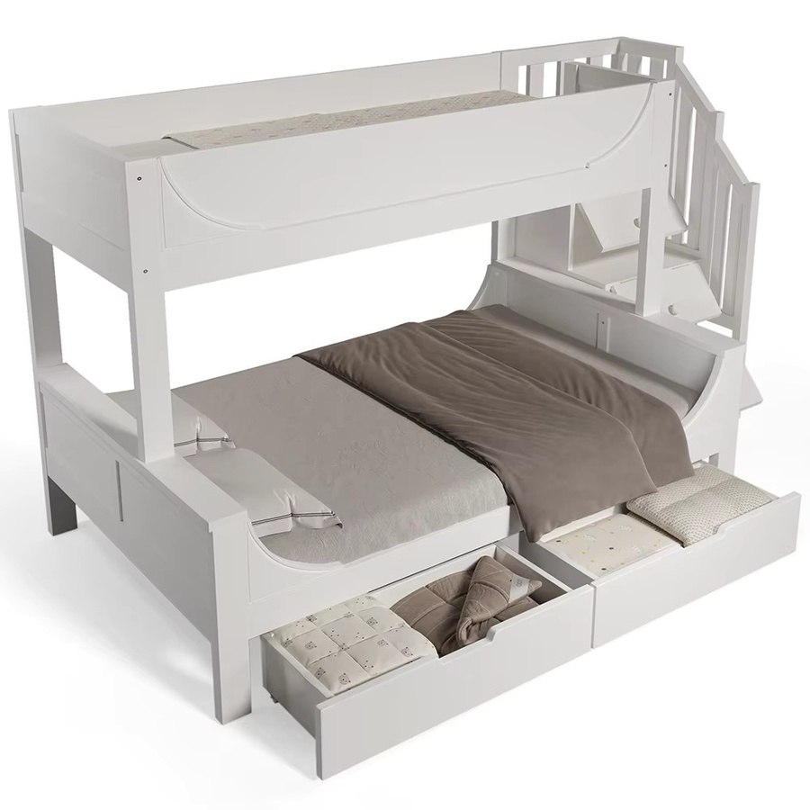 KOMHTOM Kinder Etagenbett in Weiß mit Leiterschrank und Schubladen, B/T/H: 230 x 200 x 140 cm (unten) und 200 x 200 x 90 cm (oben) - Bild 2