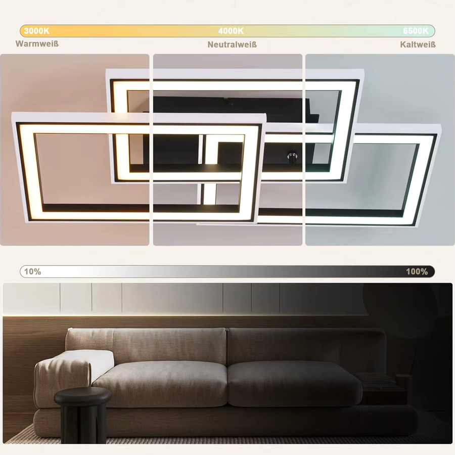 Cliheet RGB-LED-Deckenleuchte in Schwarz, 45W, rechteckig, dreifach drehbar und dimmbar mit Fernbedienung, 3000K-6500K - Bild 2