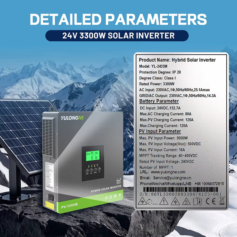 YULONGNE Hybrid-Solarwechselrichter 3300W 24VDC zu 230VAC Off-Grid-Wechselrichter mit 120A MPPT-Laderegler und max. 5000W PV-Eingang in Grau - Bild 4