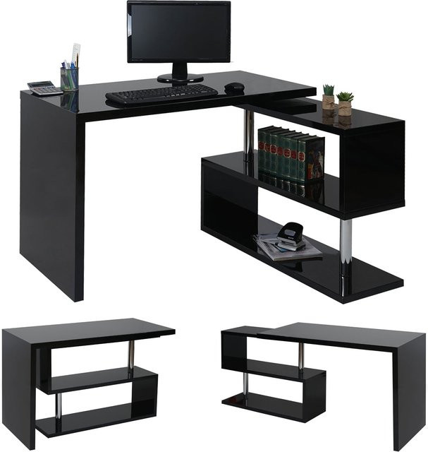 Design Eckschreibtisch MCW-A68 Bürotisch in Schwarz mit drehbarer Hochglanzplatte, Breite: 120 cm, Tiefe: 60 cm - Bild 1