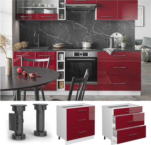 Vicco Küchenunterschrank Fame-Line mit 3 Schubladen in Weiß und Bordeaux Rot Hochglanz, Breite: 80 cm - Bild 1