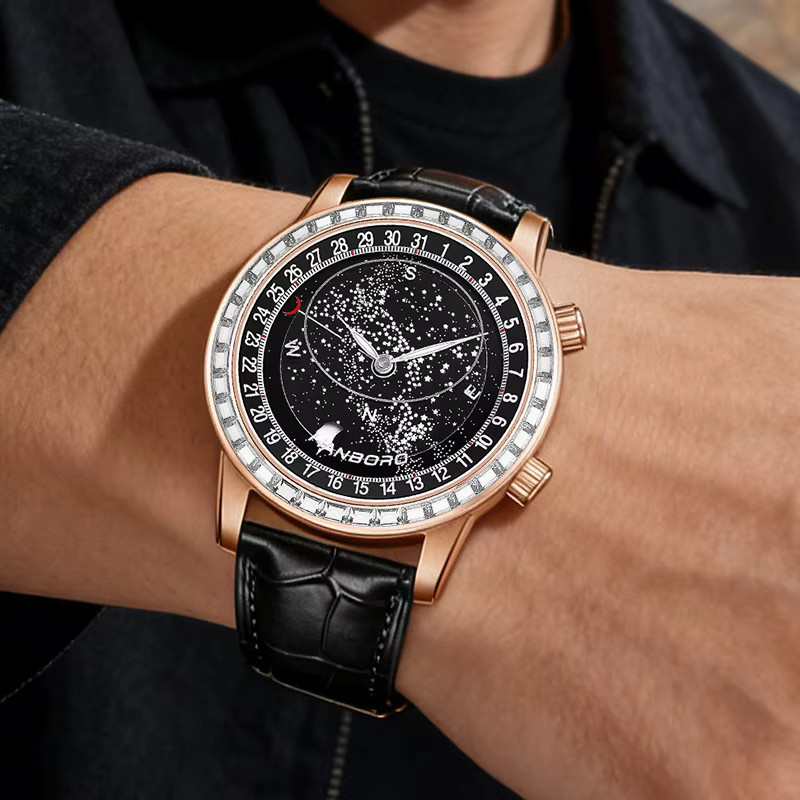 HANBORO Armbanduhr Automatik, Leder, Roségold, Schwarz, Herren - Bild 5