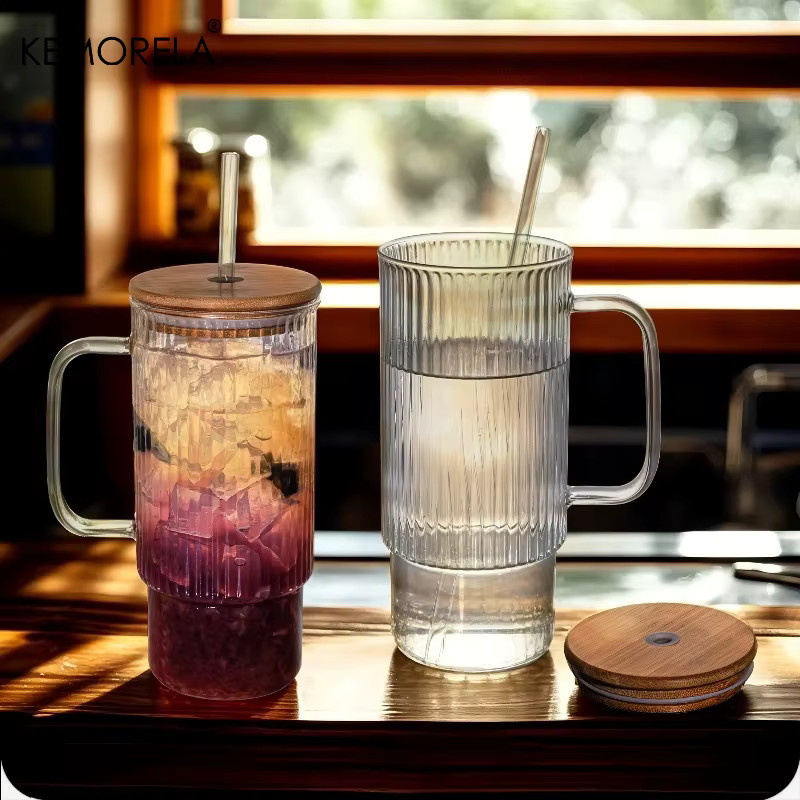 KEMORELA Glasbecher im Vintage-Stil mit Bambusdeckel und Strohhalm, 900 ml, grün/mehrfarbig - Bild 5