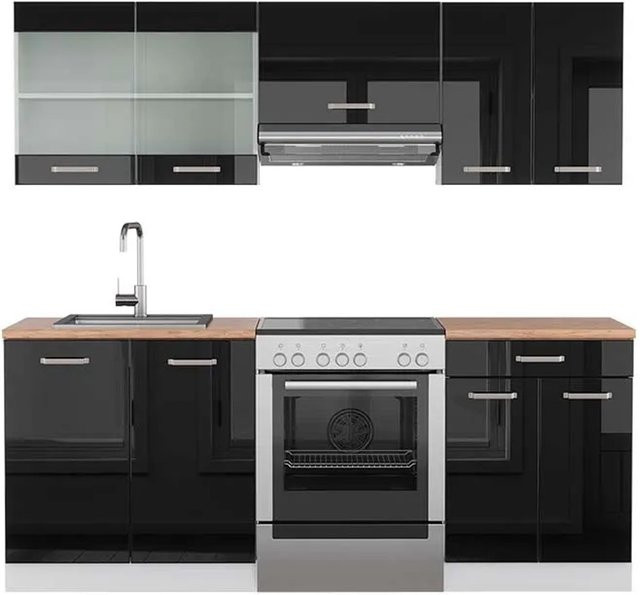 Vicco R-Line Küchenzeile Schwarz Hochglanz und Weiß Eiche modern B/T/H: 200 x 60 x 82 cm - Bild 1
