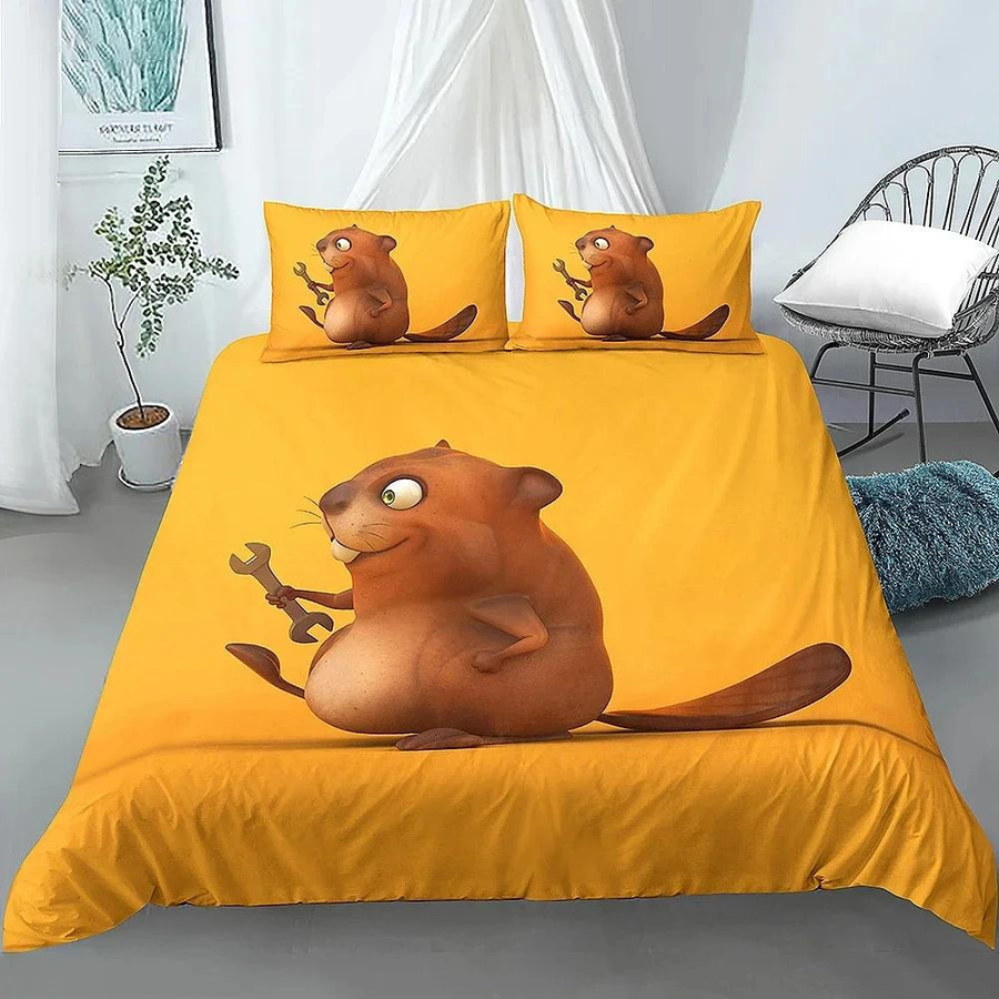 Bettwäscheset mit Cartoon Biber Motiv von JMG Household Supplies, Gelb, Polyester-Mikrofaser, bestehend aus Bettdeckenbezug und Kissenbezug, B/H: 135 x 200 cm - Bild 1