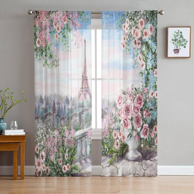 Yiran Furniture Chiffon Vorhang Paris Motiv mit Eiffelturm und roten Lippen, transparent, B/H: 70 x 165 cm, 2 Stück - Bild 1