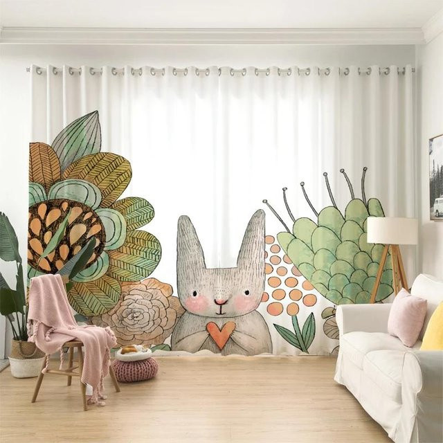 Verdunkelungsvorhang Yiran Furniture mit niedlichem Cartoon-Hirsch und Hasen-Design für das Kinderzimmer, Mehrfarbig, Breite: 55 cm, Höhe: 120 cm - Bild 1