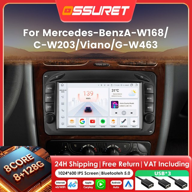 OSSURET 2DIN Android Autoradio mit Bluetooth und Carplay für Mercedes-Benz A-C-G-CLK Klasse W168 C203 W463 C209 W209 Viano Vito Vaneo in Schwarz - Bild 1